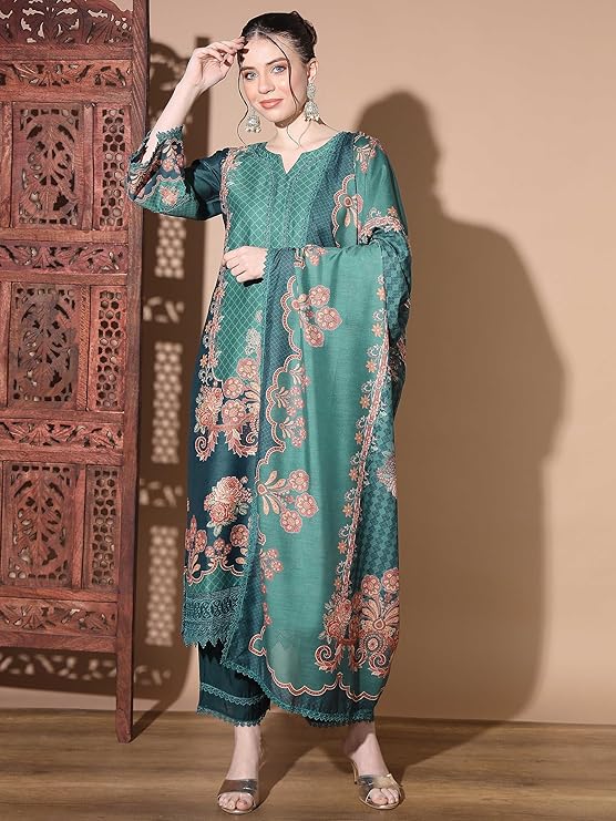 Women's Digital Print Muslin Multicolor Pakistani Style Stitched Kurta Palazzo With Dupatta