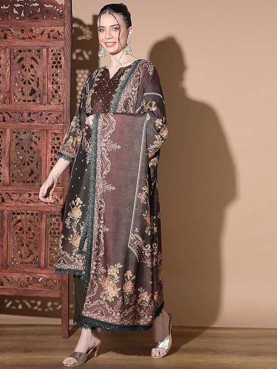 Women's Digital Print Muslin Multicolor Pakistani Style Stitched Kurta Palazzo With Dupatta