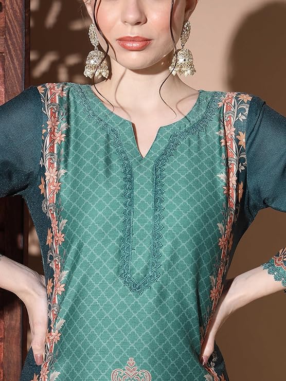 Women's Digital Print Muslin Multicolor Pakistani Style Stitched Kurta Palazzo With Dupatta