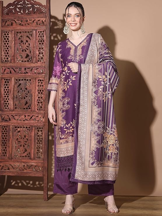 Women's Digital Print Muslin Multicolor Pakistani Style Stitched Kurta Palazzo With Dupatta