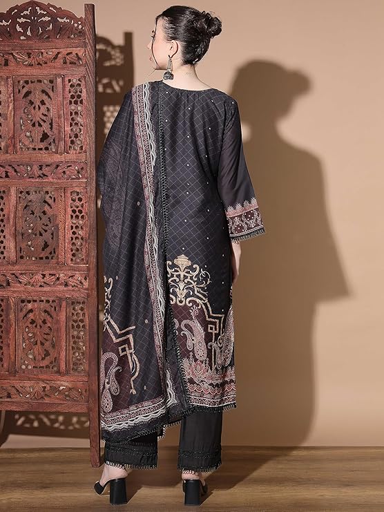 Women's Digital Print Muslin Multicolor Pakistani Style Stitched Kurta Palazzo With Dupatta