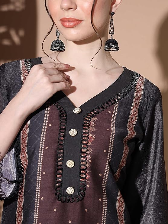 Women's Digital Print Muslin Multicolor Pakistani Style Stitched Kurta Palazzo With Dupatta