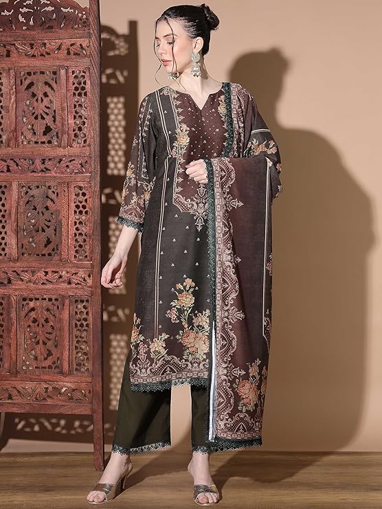 Women's Digital Print Muslin Multicolor Pakistani Style Stitched Kurta Palazzo With Dupatta