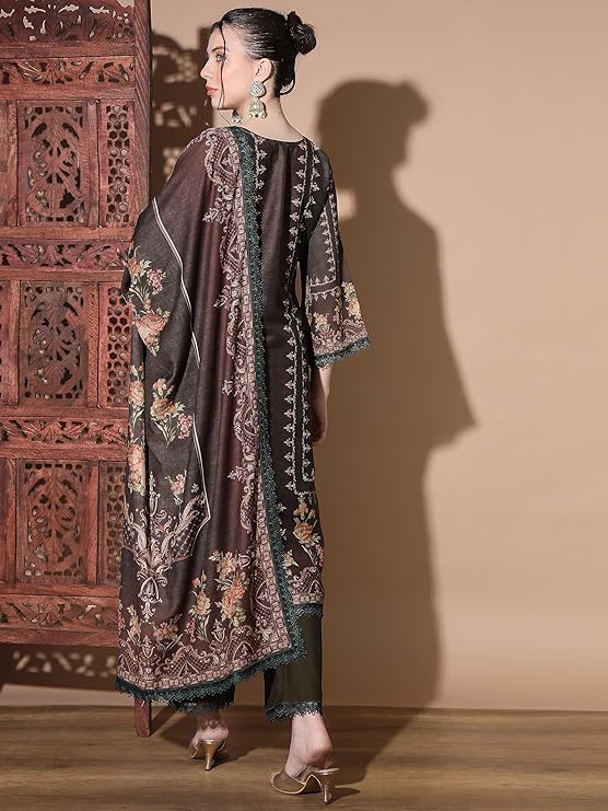 Women's Digital Print Muslin Multicolor Pakistani Style Stitched Kurta Palazzo With Dupatta