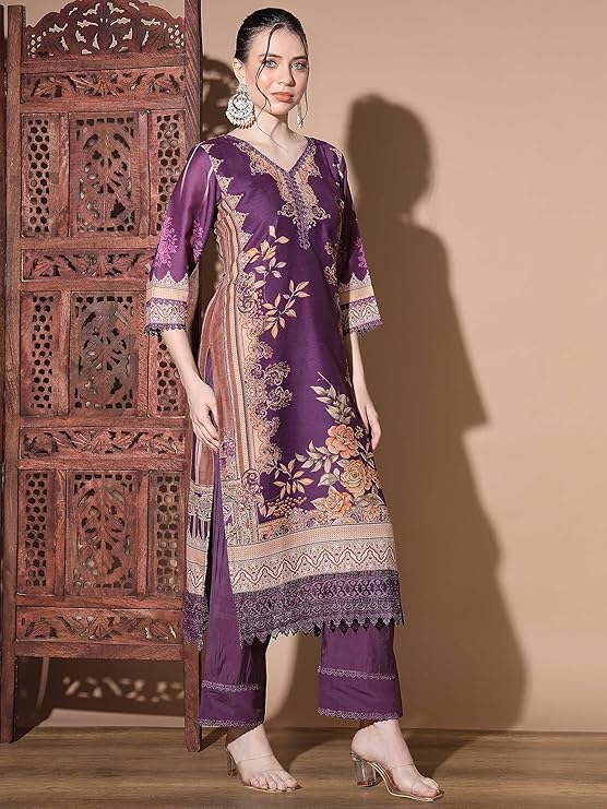 Women's Digital Print Muslin Multicolor Pakistani Style Stitched Kurta Palazzo With Dupatta