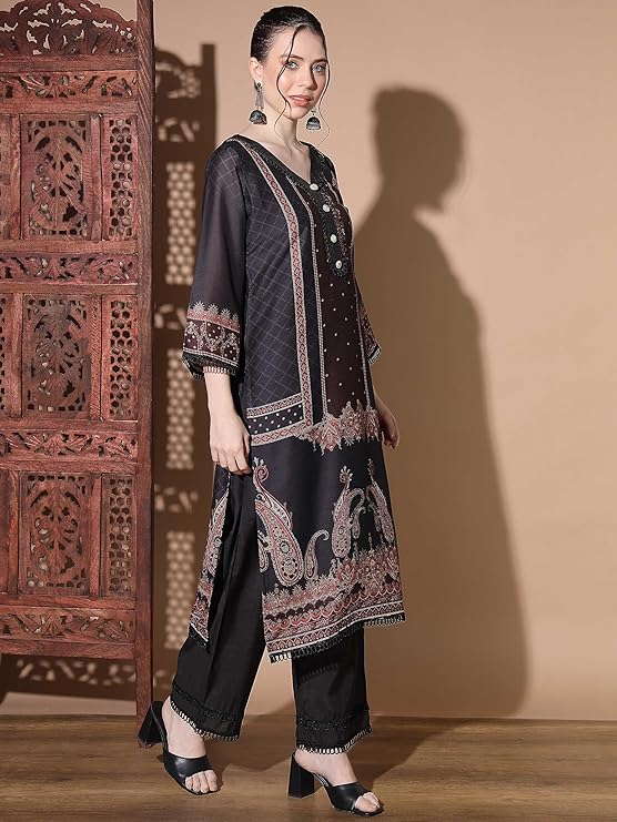 Women's Digital Print Muslin Multicolor Pakistani Style Stitched Kurta Palazzo With Dupatta