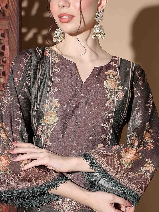 Women's Digital Print Muslin Multicolor Pakistani Style Stitched Kurta Palazzo With Dupatta